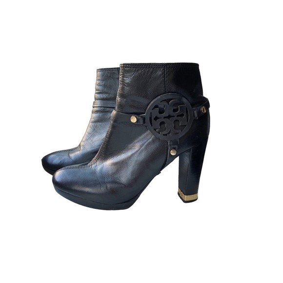 Tory Burch Women Whitney Leather Ankle Boots Size 6 Black Block Heel Gold Accent - Picture 1 of 12